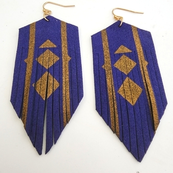 NEW Boho Southwestern Blue Gold Cut Suede Fringe Dangle Earrings - Picture 5 of 8
